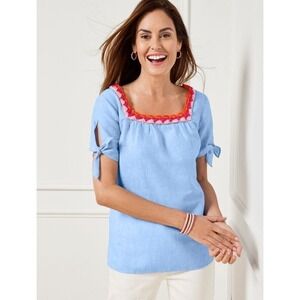 Talbots Crochet Trim Linen Top Women Plus 2X Blue Pink Orange Lightweight Resort